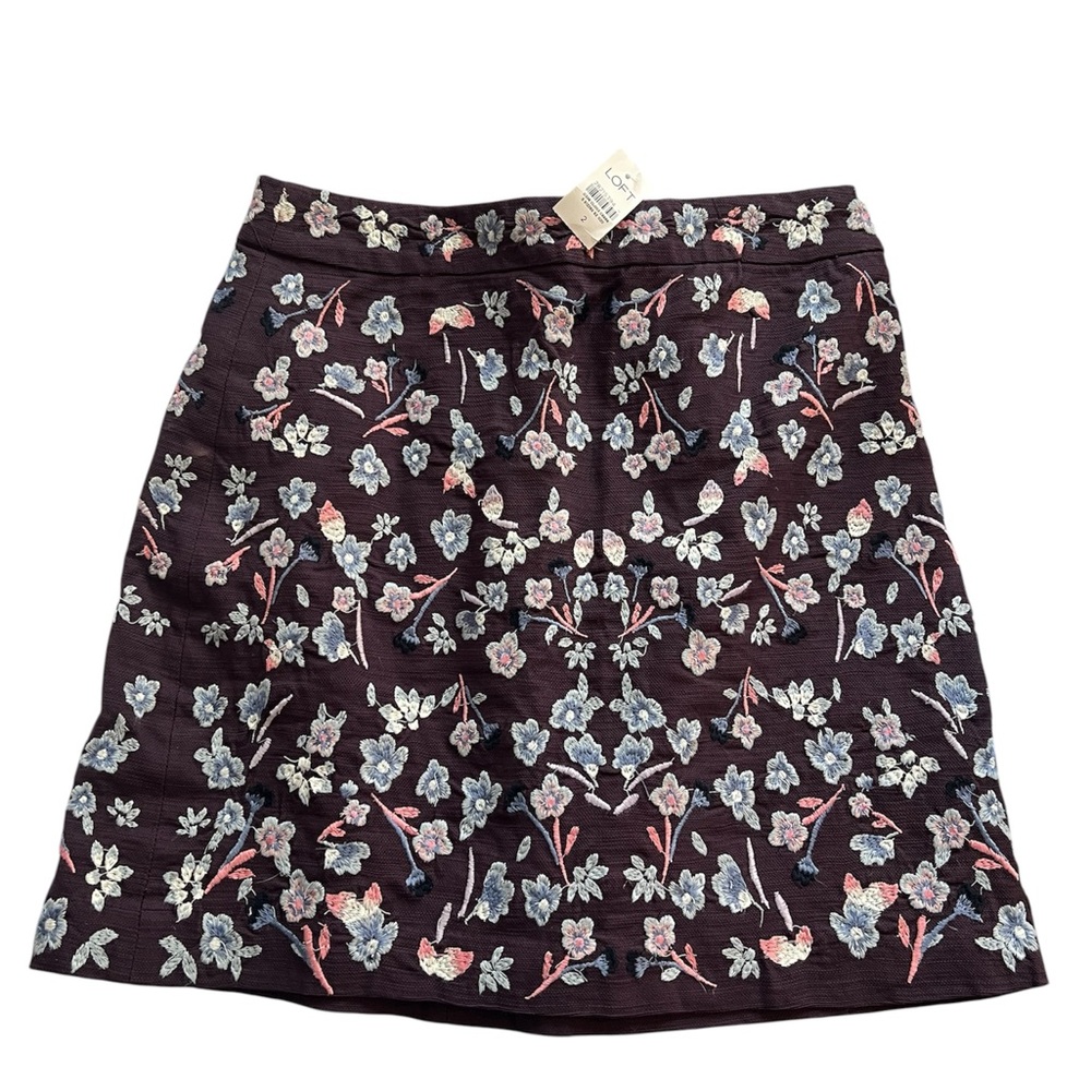LOFT NWT Dark Eggplant Floral Embroidered Skirt size 2